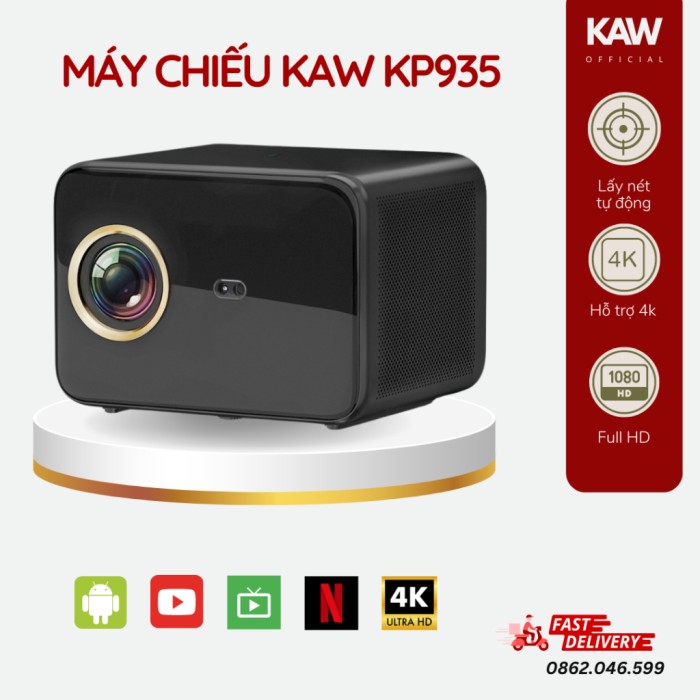 Máy chiếu mini KAW KP935, Chất lượng siêu nét Full HD, Kết nối wifi, Bluetooth, Dễ dàng kết nối điện thoại, Máy tính